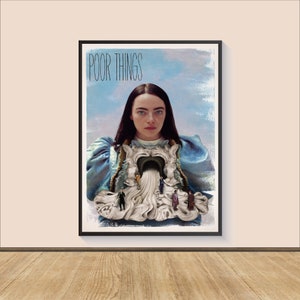 May include: A movie poster for the film "Poor Things" featuring a woman in a blue dress with a large, white, sculpted fountain emerging from her chest. The fountain has several figures standing on it.