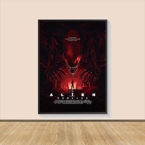 May include: A movie poster for the film "Alien: Romulus" featuring a red alien creature with a menacing expression. The alien is surrounded by dark shadows and a human figure is standing in the background.
