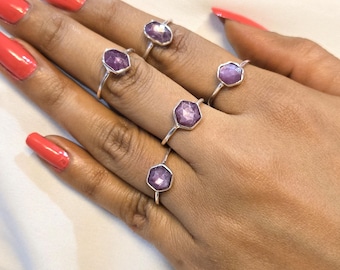 Hexagon Star Ruby Ring: Handmade 925  Silver Vintage Jewelry