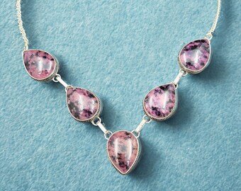 Handmade Rhodonite Gemstone Necklace: 925 Silver Plated Boho Jewelry