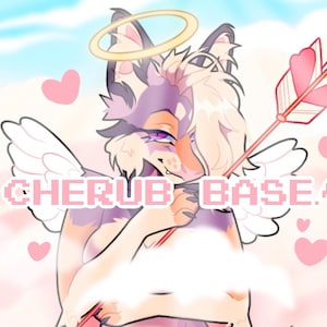 Może przedstawiać: Kreskówkowy cherubin z różowo-fioletowym futrem, białymi skrzydłami i aureolą trzyma strzałę w kształcie serca. Tło to jasnoniebieskie niebo z różowymi chmurami. Tekst "CHERUB BASE!" jest w różowych pikselowych literach.