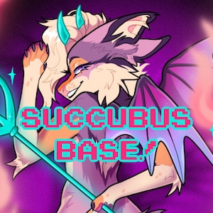 May include: A digital illustration of a purple and white furry creature with wings and horns. The creature is holding a blue trident and has a mischievous expression. The text "Succubus Base!" is written in pixelated letters in the image.