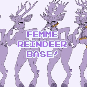 May include: Line art drawing of three female reindeer in different poses. The reindeer are purple and have large antlers. The text "FEMME REINDEER BASE!" is written in a pixelated font.