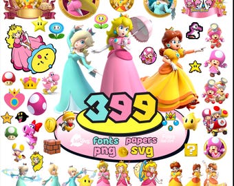 Paquete de imágenes PNG+ de la Princesa Peach, imágenes prediseñadas de princesas, personajes de Peach y Rosalina, decoraciones para fiestas de cumpleaños (adorno para pastel), descarga digital.