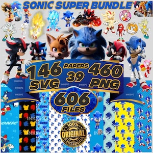super sonic hedgehog bundle 460 Png e 146 Svg, font di Sonic e Shadow e tutti i personaggi, font, carte, adesivi, download digitale di compleanno.