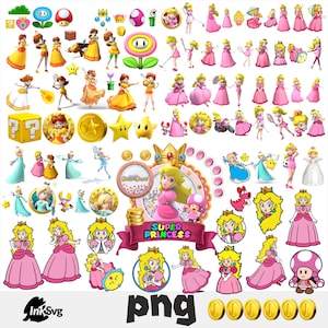 以下が含まれることがあります： スーパーマリオシリーズのキャラクターと要素をフィーチャーした、カラフルなPNGグラフィックのコレクション。ピーチ姫、デイジー、コイン、星、クエスチョンマークボックス、その他の象徴的なゲームシンボルが含まれています。「Super Princess」というテキストがバナーに表示されています。