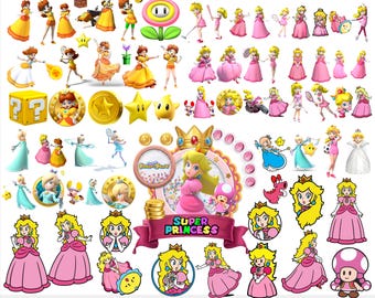 Paquete PNG+ de la Princesa Peach, imágenes prediseñadas de princesas, personajes de Peach y Rosalina, decoraciones para fiestas de cumpleaños (adorno para pastel), descarga digital.