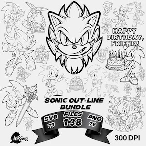 Könnte beinhalten: Ein Schwarzweiß-Bundle mit digitalen Illustrationen von Sonic the Hedgehog-Charakteren. Das Bundle enthält 79 SVG-Dateien, 138 PNG-Dateien und 79 SVG-Dateien. Der Text "Sonic Out-Line Bundle" ist fett gedruckt. Der Text "Happy Birthday, Friend!" ist fett gedruckt. Der Text "300 DPI" ist fett gedruckt.