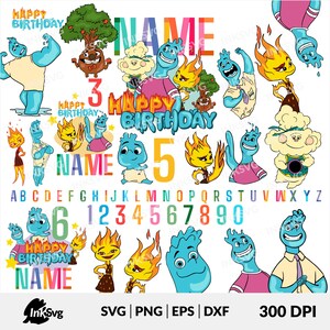May include: Colorful digital clipart featuring a blue water character with a fire character. The clipart includes the letters of the alphabet, numbers 1-9, and the words "Happy Birthday" and "Name".