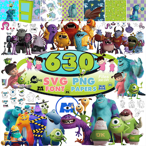 Könnte beinhalten: Eine Sammlung digitaler Kunst mit Charakteren aus dem Film "Die Monster AG". Das Bild zeigt verschiedene Monster, Boo und den Text "630 Monsters SVG PNG Font Papers". Die Farbpalette ist lebendig, mit Blau-, Grün-, Lila- und Rosatönen.