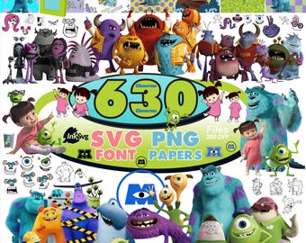 Paquete de archivos SVG+PNG de Monstruos de Inc., imágenes prediseñadas de Mike, Sulley y Boo, adornos para pastel de Monstruos, archivos Cricut para camisetas de cumpleaños, descarga digital