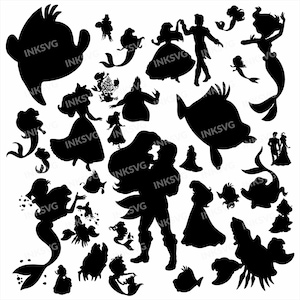 May include: A collection of black silhouettes featuring various characters from The Little Mermaid, including mermaids, a prince, a crab, and a fish, all overlaid with the repeating watermark text INKSVG across the white background.