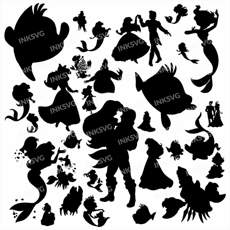 May include: A collection of black silhouettes featuring various characters from The Little Mermaid, including mermaids, a prince, a crab, and a fish, all overlaid with the repeating watermark text INKSVG across the white background.