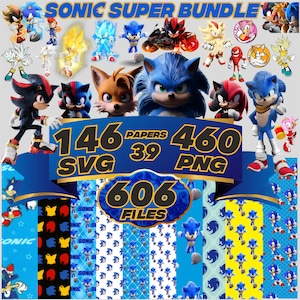 super sonic hedgehog bundle 460 Png e 146 Svg, font di Sonic e Shadow e tutti i personaggi, font, carte, adesivi, download digitale di compleanno.