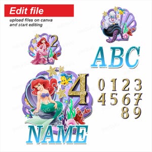 May include: Digital graphic set featuring The Little Mermaid characters Ariel, Flounder, Sebastian, and Ursula. Includes purple seashell frames, gold glitter numbers 0-9, blue letters ABC, and the text NAME. The image includes the text Edit file upload files on canva and start editing.