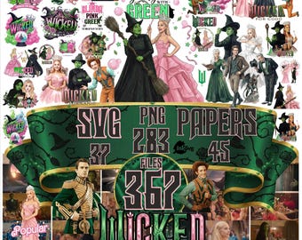 Wicked PNG, Wallpaper coloring Page And SVG Bundle, Wicked Change For Good Glitter, Pink and Green, Wizard Musical Movie, Coquette Bow