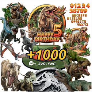 May include: A selection of dinosaur-themed digital graphics. The image includes various dinosaur illustrations, a "Happy Birthday" cake topper with the number 5, and individual numbers and letters. The graphics are in shades of green, brown, and orange.