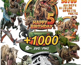 Paquete de imágenes prediseñadas de dinosaurios en formato PNG, SVG, fuentes, pegatinas y diseño para decoración de pasteles de cumpleaños (descarga digital).