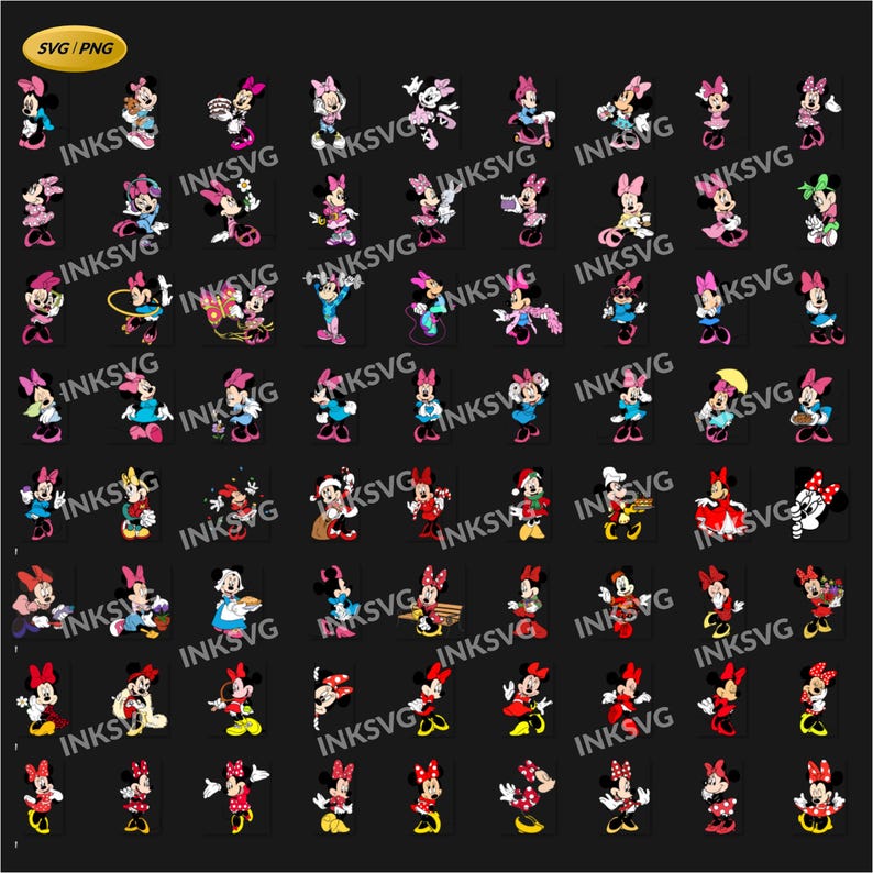 May include: Collection of Minnie Mouse character illustrations in various poses and outfits. The designs feature Minnie in her signature red and white polka dot dress, bows, and accessories. The images are in SVG/PNG format.
