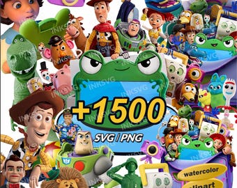 Paquete de imágenes prediseñadas SVG PNG y acuarelas de Toy Story, Toy Story 5 para cumpleaños, adorno para pastel de Buzz Lightyear, archivos en capas de Woody (descarga digital)