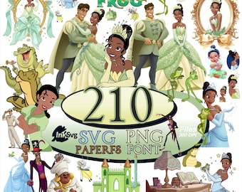 Paquete SVG+Png de La Princesa y el Sapo, imágenes prediseñadas de cumpleaños de Tiana, adorno para pastel de princesa, descarga digital de la princesa Tiana-Rana Naveen Louis Ray.