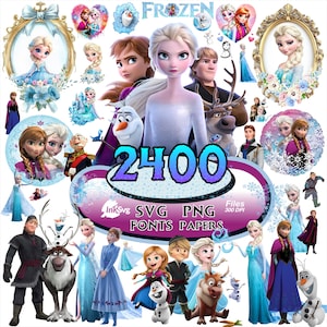 Puede incluir: Una colección de imágenes digitales con personajes de la película animada "Frozen". Las imágenes incluyen a Elsa, Anna, Olaf, Kristoff y otros personajes en varias poses. El número "2400" se muestra de forma destacada.