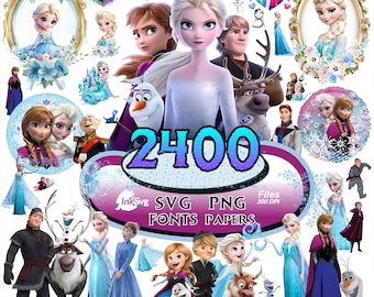 Paquete de imágenes SVG y PNG de Frozen, imágenes prediseñadas PNG de Elsa, Anna y Olaf, fuente del alfabeto de Frozen, adorno para pastel de cumpleaños, archivos de papel digital (descarga digital)