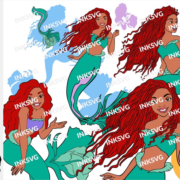 little black mermaid svg bundle for cricut, svg files for cricut, PNG, DFX, EPS, svg layered files, png files for sublimation