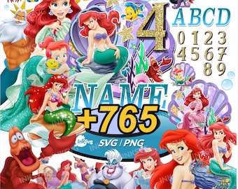 Paquete de imágenes prediseñadas de La Sirenita en formato PNG y SVG, arte de cumpleaños de sirena para niñas, decoraciones para fiestas, sublimación, Cricut, descarga instantánea.