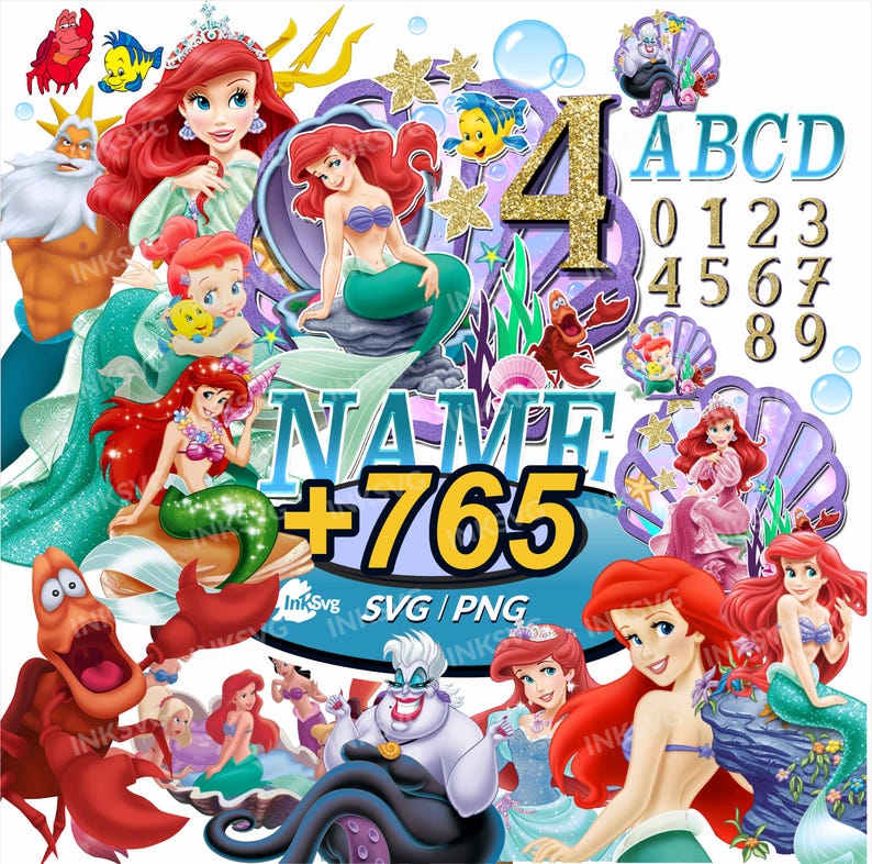 May include: A digital graphic collection featuring The Little Mermaid characters including Ariel, King Triton, Flounder, Sebastian, and Ursula. The design includes a large gold glitter number 4, the text NAME +765, and a set of letters A-D and numbers 0-9.