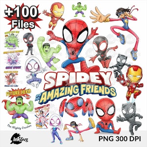 May include: A digital illustration featuring characters from the Spidey and His Amazing Friends series. The image includes Spider-Man, Iron Man, Hulk, and other heroes. Text includes "+100 Files", "Spidey and His Amazing Friends", and "PNG 300 DPI".