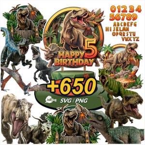 Dinosaurie Clipart-paket PNG, SVG, teckensnitt, klistermärken, tårtdekorationsdesign för födelsedag digital nedladdning.