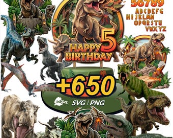 Dinosaur Clipart Bundle PNG, SVG, Fonts, Stickers, cake topper design birthday Digital Download.