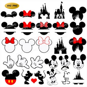 May include: A collection of black and white Mickey Mouse and Minnie Mouse themed SVG and PNG designs. Includes silhouettes of Mickey Mouse ears, bows, castles, and Mickey Mouse's hands and face. Some designs have red bows and a yellow SVG/PNG label.