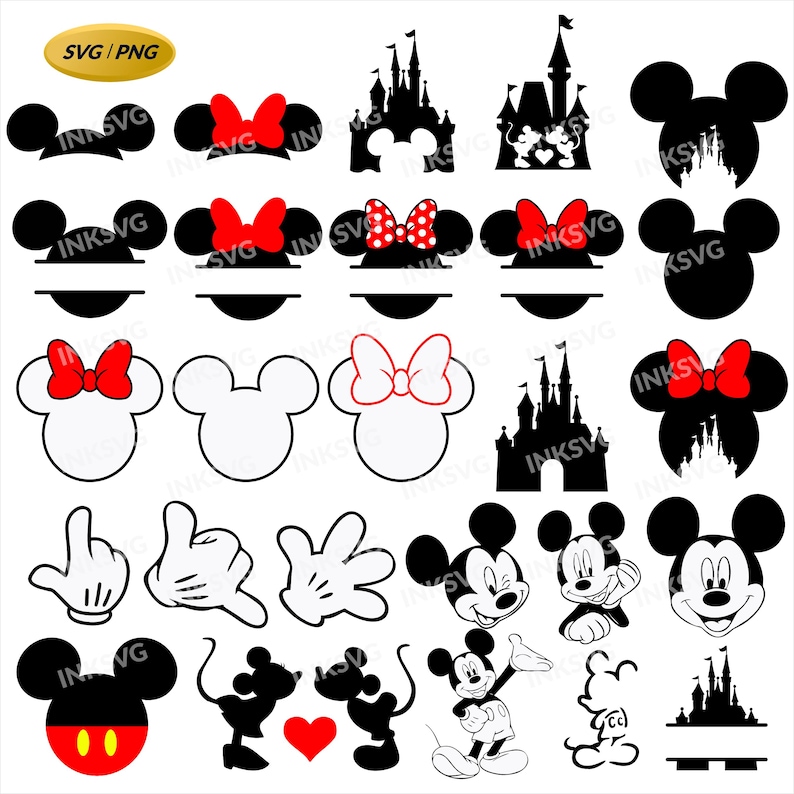 May include: A collection of black and white Mickey Mouse and Minnie Mouse themed SVG and PNG designs. Includes silhouettes of Mickey Mouse ears, bows, castles, and Mickey Mouse's hands and face. Some designs have red bows and a yellow SVG/PNG label.