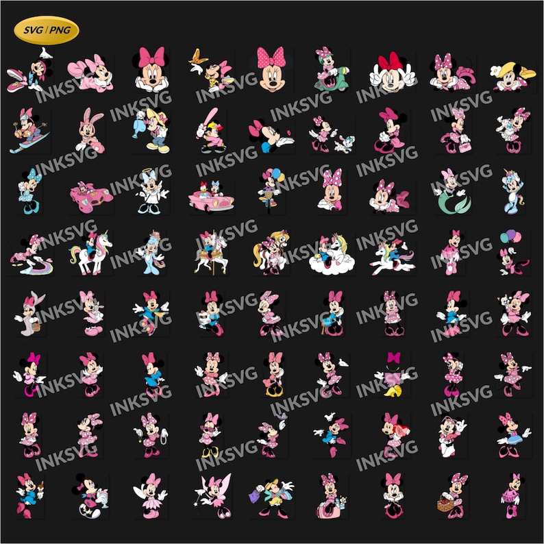 May include: A collection of Minnie Mouse-themed SVG and PNG graphics. The images feature Minnie Mouse in various poses and outfits, with a black background. The graphics include Minnie with bows, riding a unicorn, and more. The text "INKSVG" is present.