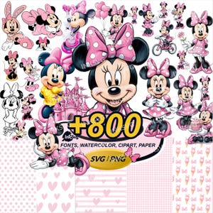 May include: A collection of Minnie Mouse illustrations in various poses, dressed in pink outfits with polka dots and bows. The image includes the text "+800" and "SVG / PNG", along with patterns and a pink castle.