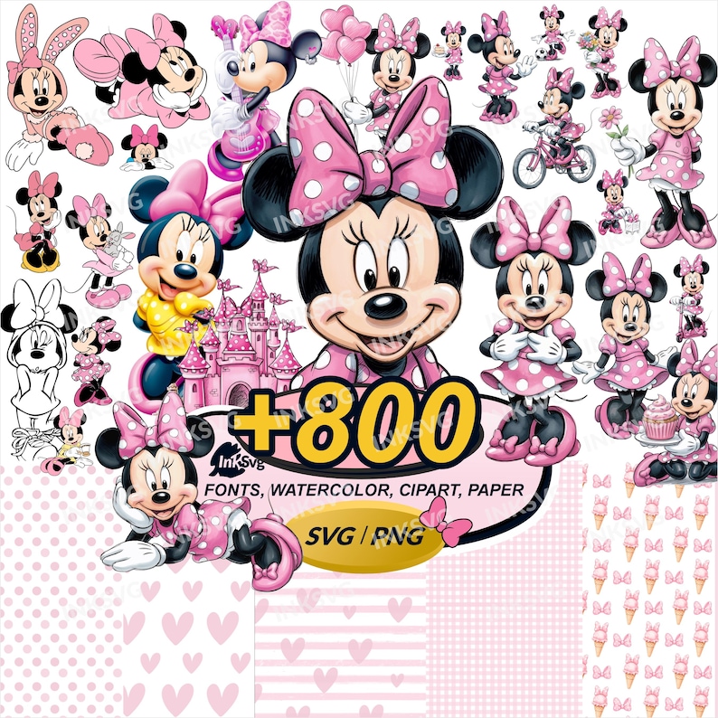 May include: A collection of Minnie Mouse illustrations in various poses, dressed in pink outfits with polka dots and bows. The image includes the text "+800" and "SVG / PNG", along with patterns and a pink castle.