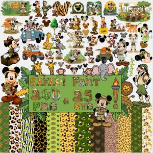 Safari Micky PNG SUPER Bundle, Micky Safari SVG, Out-line Mickey, Safari-Schrift, digitale Papiere, Geburtstag, Tiersafari-Kuchentopper