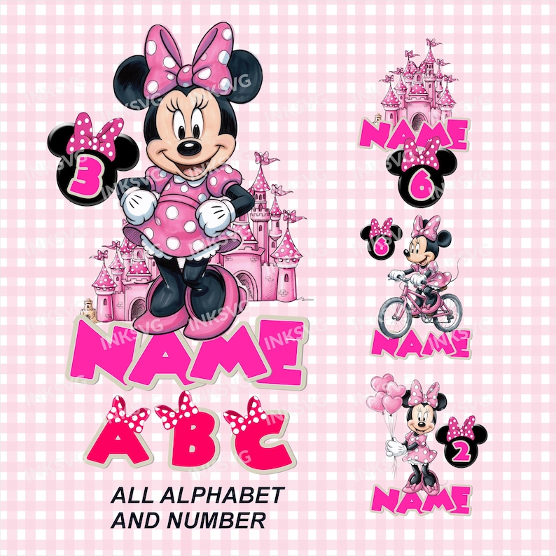 May include: A collection of pink Minnie Mouse-themed designs. Includes Minnie Mouse illustrations with numbers, letters, and a castle. The text "NAME" and "ALL ALPHABET AND NUMBER" are also present. The background is a pink gingham pattern.