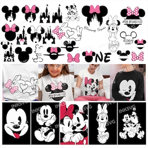 May include: A collection of Mickey and Minnie Mouse-themed designs. Includes silhouettes of Mickey Mouse heads, bows, and castle illustrations. Also features t-shirts with Minnie Mouse graphics and the text "my princess".
