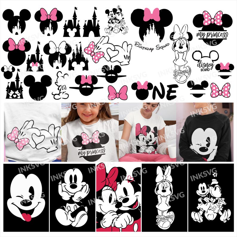 May include: A collection of Mickey and Minnie Mouse-themed designs. Includes silhouettes of Mickey Mouse heads, bows, and castle illustrations. Also features t-shirts with Minnie Mouse graphics and the text "my princess".