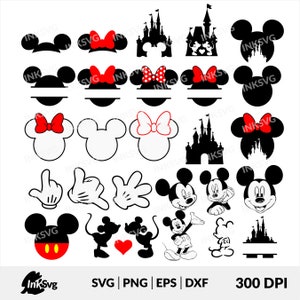May include: A set of 20 black and white SVG cut files featuring Mickey Mouse and Minnie Mouse characters, including their heads, hands, and a silhouette of the Disney castle. The files are 300 DPI and include SVG, PNG, EPS, and DXF formats.
