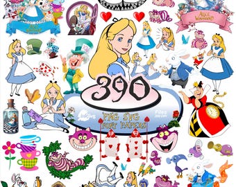 Paquete gigante de imágenes SVG y PNG de Alicia en el País de las Maravillas, imágenes prediseñadas, Gato de Cheshire, Sombrerero Loco, Reina de Corazones, Conejo Blanco, fuente de alfabeto y papeles digitales.