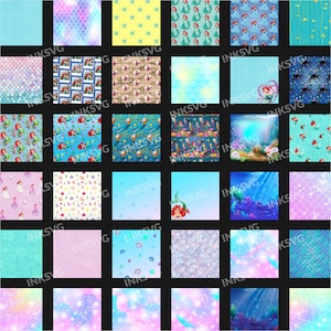 May include: A digital collection of thirty-six square patterns featuring various mermaid, underwater, and aquatic themes. The designs include illustrations of mermaids, sea creatures, coral reefs, scales, and sparkling gradients with the text INKSVG.