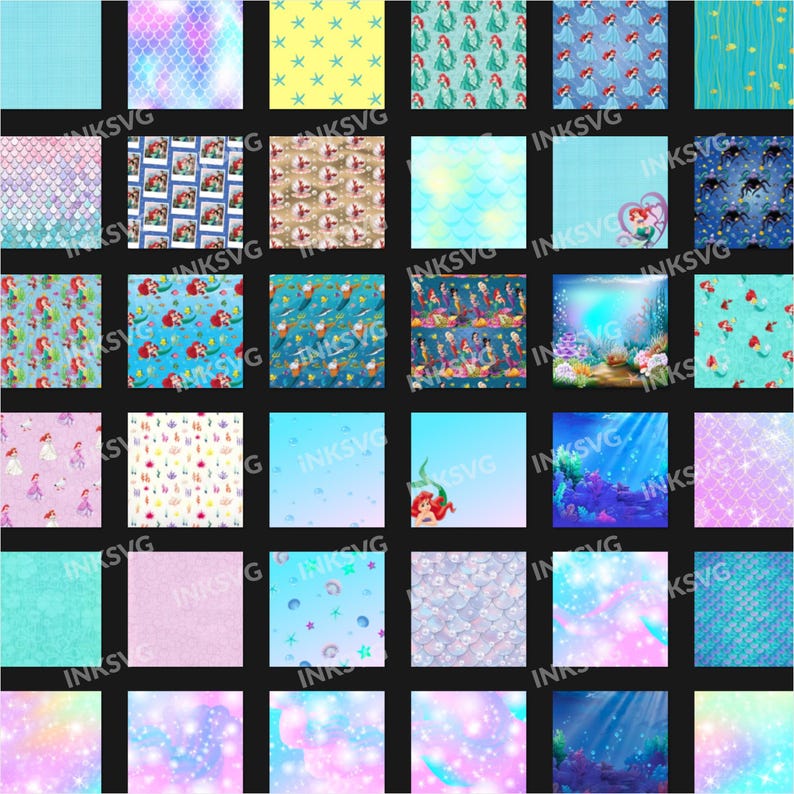May include: A digital collection of thirty-six square patterns featuring various mermaid, underwater, and aquatic themes. The designs include illustrations of mermaids, sea creatures, coral reefs, scales, and sparkling gradients with the text INKSVG.