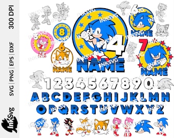 Paquete Sonic Hedgehog para Cricut, archivos SVG para Cricut, PNG, DFX, EPS, archivos SVG en capas, archivos PNG para sublimación