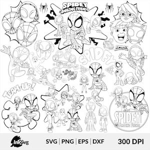 Sp1dey und seine tollen Freunde, Out line SVG Bundle + 32 farbige Png-Dateien kostenlos, Instant Superhero Geburtstagspaket, digitaler Download,