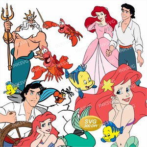 May include: A collection of cartoon characters including a merman with a trident, a red crab, a mermaid with long red hair, a man in a white shirt, and a small yellow and blue fish. The image features the text SVG 300 DPI on a gold oval.