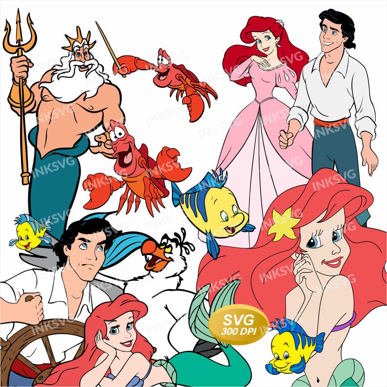 May include: A collection of cartoon characters including a merman with a trident, a red crab, a mermaid with long red hair, a man in a white shirt, and a small yellow and blue fish. The image features the text SVG 300 DPI on a gold oval.